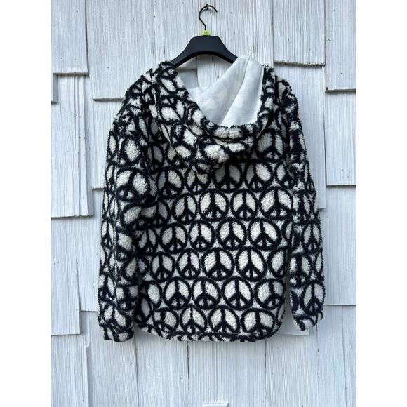 Pacsun Peace Sign Sherpa Hoodie Black White‎ Cozy Warm Zip Up Jacket Size L - Picture 5 of 8